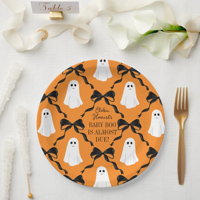 Orange Baby Boo Almost Due Ghosts and Black Bows Paper Plate (Wedding)