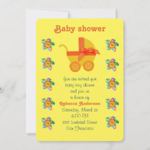 Orange baby carriage, Pink, purple sewn flowers Invitation