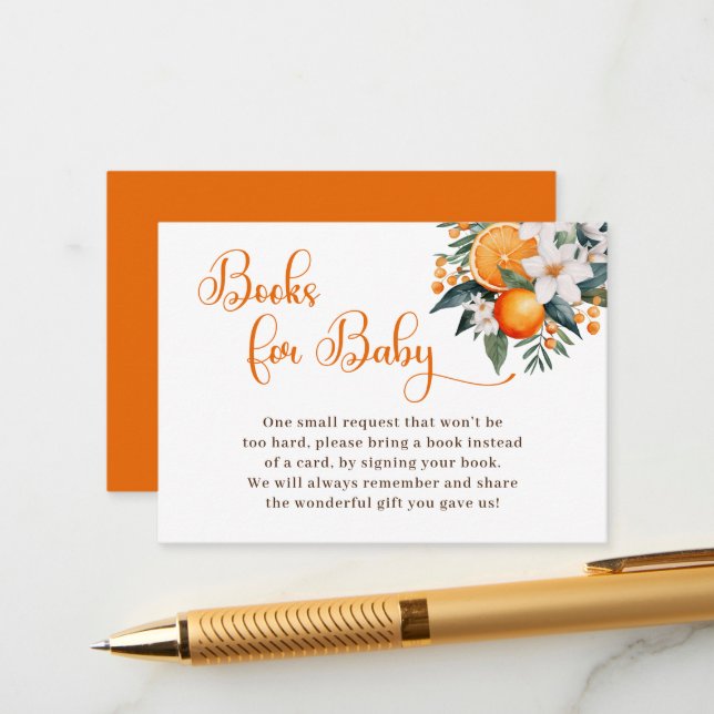 Orange Baby Shower Book Request Enclosure Card (Front/Back In Situ)