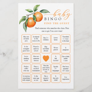 Orange Baby Shower Find the guest Bingo Game