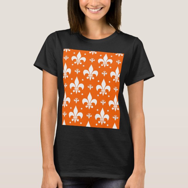 Orange Background Fleur-de-lis Pattern Design  T-Shirt (Front)
