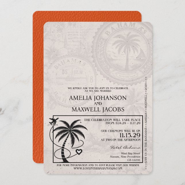 Orange Bahamas Passport Wedding Invitation (Front/Back)