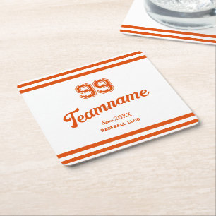 Orange Baseball Club Custom Player Number & Team Square Paper Coaster