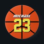 Orange Basketball Sports Team Button Pin<br><div class="desc">Basketball button for your kids birthday party. A perfect pin for sports fans,  athletes,  players,  coach or captain of the basketball team. You can customise the wording to fit any events with sports theme. Can also customise the colour of the ball.</div>