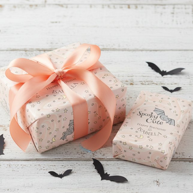Orange Batty, Stars & Moons Spooky Cute Wrapping Paper (Orange & Black Spooky Cute Bats Wrapping Paper for Halloween Birthday Party & Kids October Birthday)