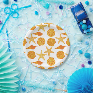 Orange Beach Shell Pattern Paper Plate