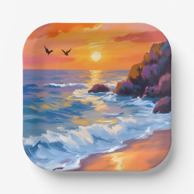Orange Beach Sunset | Coastal Painting Paper Plate (Front)