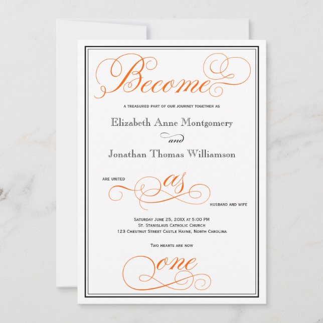 Orange Become as One Christian Wedding Invitation (Front)