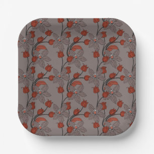 Orange beige retro ethnic elegant flower pattern paper plate