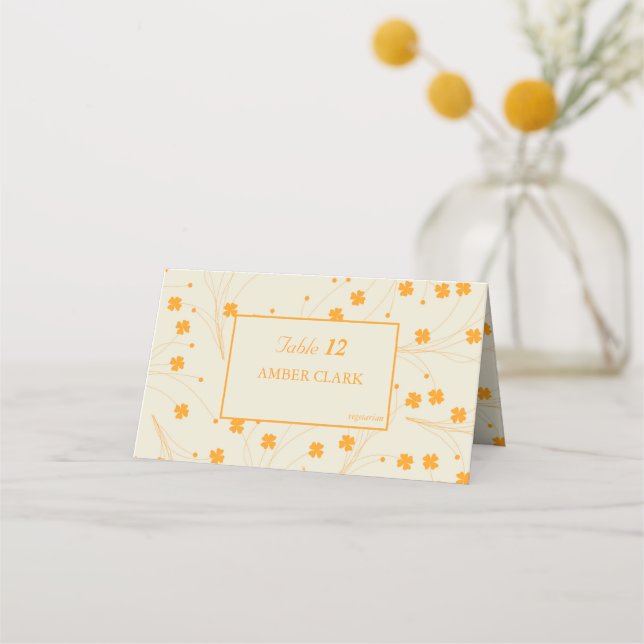 Orange Beige Retro Y2K 70s Flower Pattern Place Card (Front)