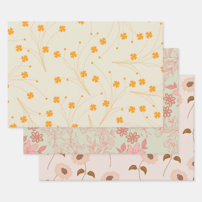 Orange Beige Retro Y2K 70s Flower Pattern Wrapping Paper Sheet (Set)