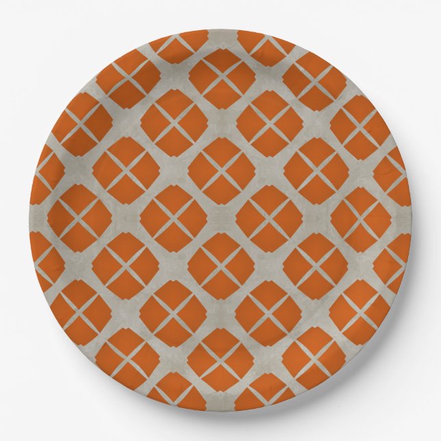 Orange, Beige, Taupe Mid Century Modern Pattern Paper Plate (Front)