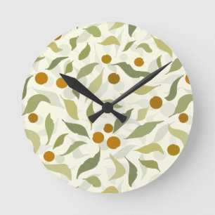 Orange Berries and Leaves on creme - pattern.  Round Clock