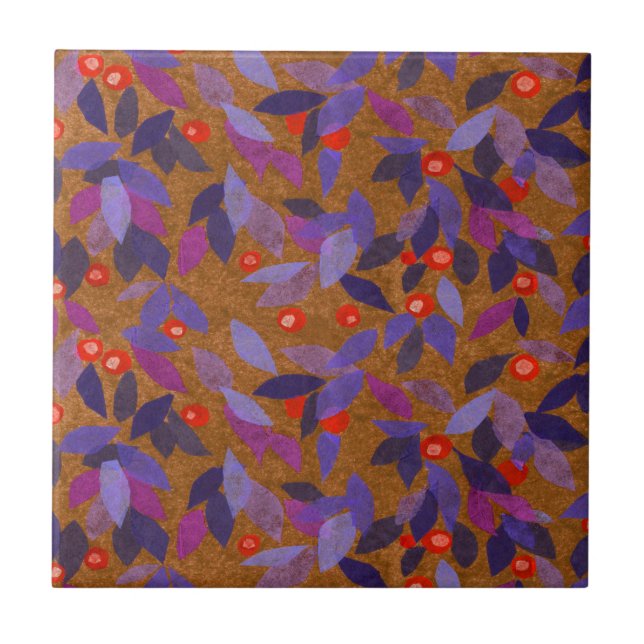 Orange Berries Purple Leaves Simple Floral Pattern Tile (Front)