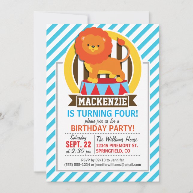 Orange Big Top Circus Lion; Blue & White Stripes Invitation (Front)