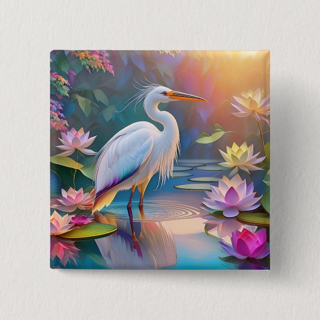 Orange Billed White Heron Fantasy Bird  15 Cm Square Badge (Front)