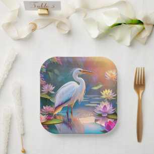 Orange Billed White Heron Fantasy Bird  Paper Plate