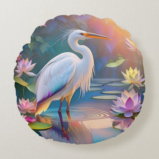 Orange Billed White Heron Fantasy Bird  Round Cushion (Front)
