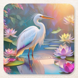 Orange Billed White Heron Fantasy Bird Square Paper Coaster