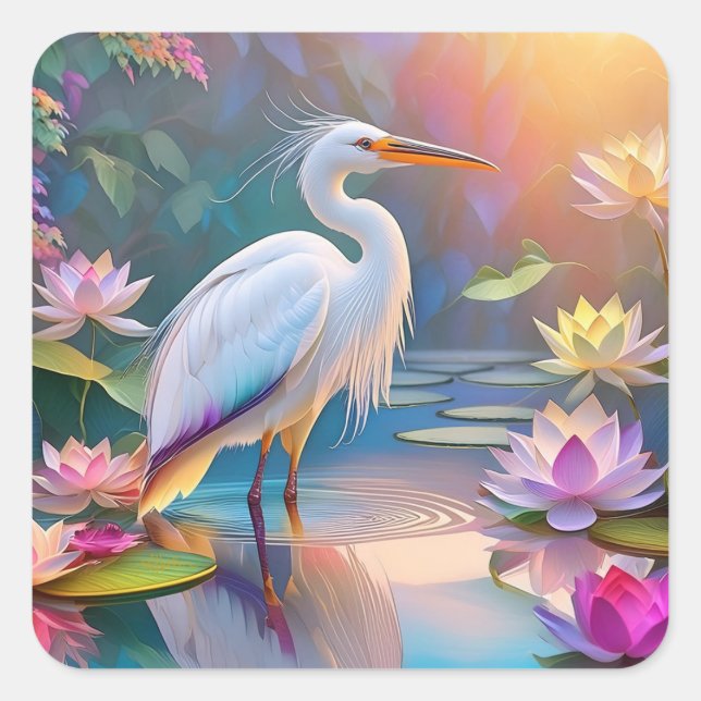 Orange Billed White Heron Fantasy Bird  Square Sticker (Front)