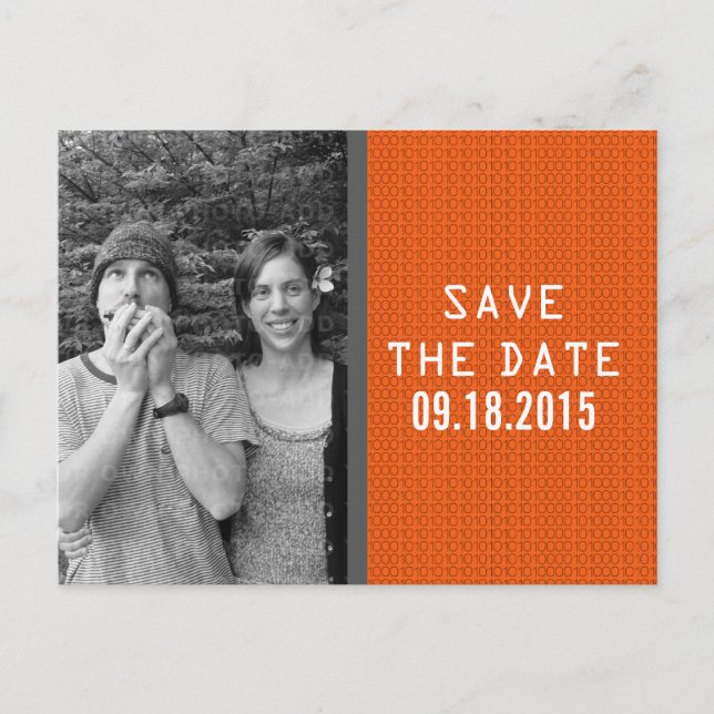 Orange Binary Code Photo Save the Date Postcard (Front)