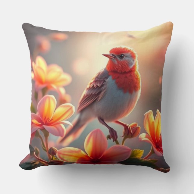 Orange Bird Floral Throw Pillow (Front)