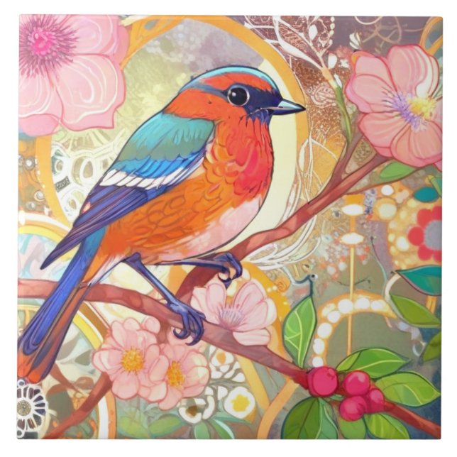 Orange Bird Girly Pink Spring Flower Floral Tile (Front)