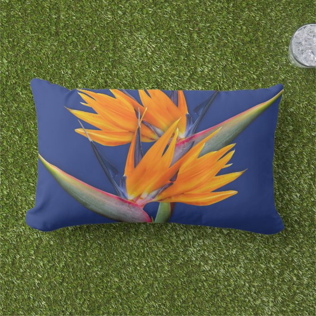 Orange Bird of Paradise Navy Throw Pillow (Grass)