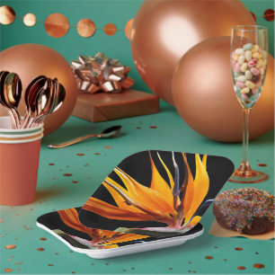 Orange Bird of Paradise Plant on Black Paper Plate