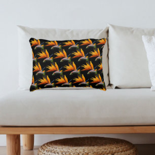 Orange Bird of Paradise Plant Pattern on Black Decorative Cushion