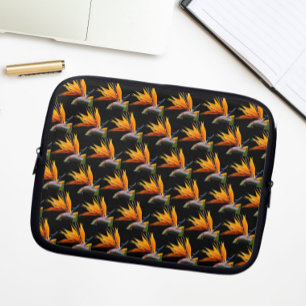 Orange Bird of Paradise Plant Pattern on Black Laptop Sleeve