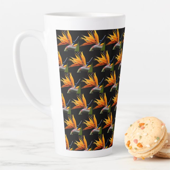 Orange Bird of Paradise Plant Pattern on Black Latte Mug (In Situ)