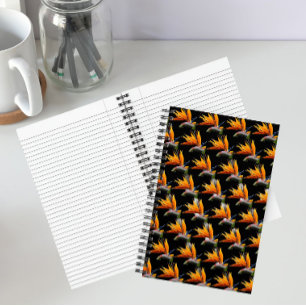 Orange Bird of Paradise Plant Pattern on Black Notebook