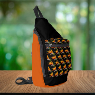 Orange Bird of Paradise Plant Pattern on Black Sling Bag