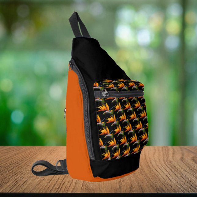 Orange Bird of Paradise Plant Pattern on Black Sling Bag (Creator Uploaded)
