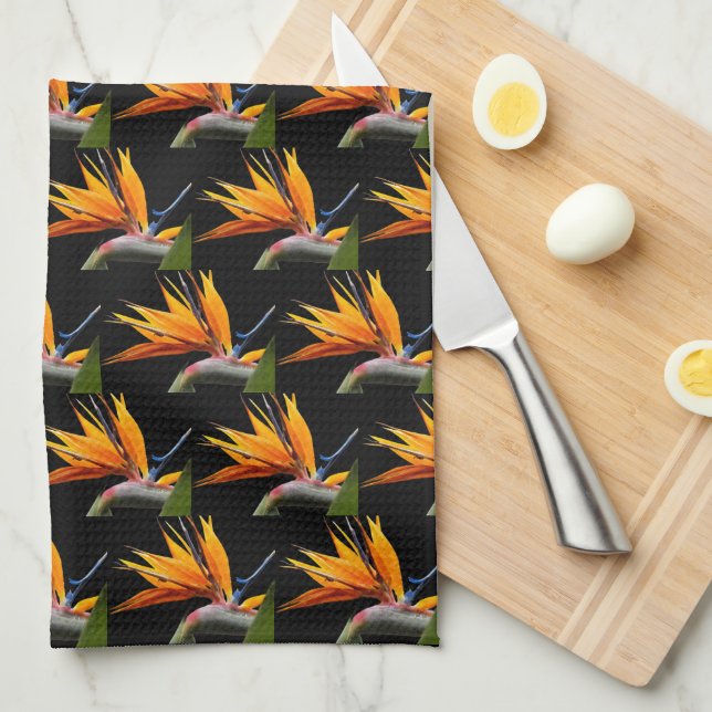 Orange Bird of Paradise Plant Pattern on Black Tea Towel (Quarter Fold)