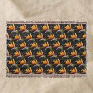 Orange Bird of Paradise Plant Pattern on Black Throw Blanket
