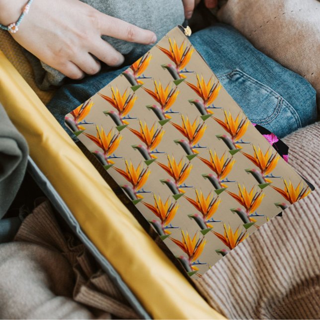 Orange Bird of Paradise Plant Pattern on Khaki Accessory Pouch (In Situ)