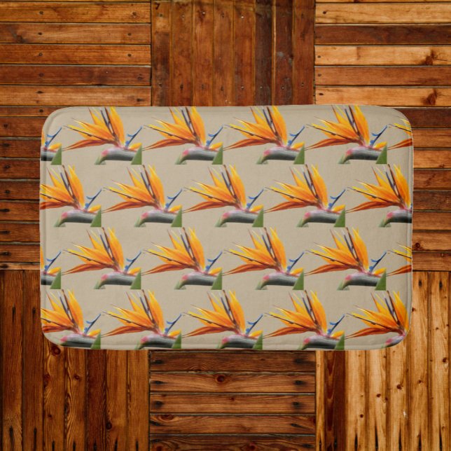 Orange Bird of Paradise Plant Pattern on Khaki Bath Mat (In Situ)