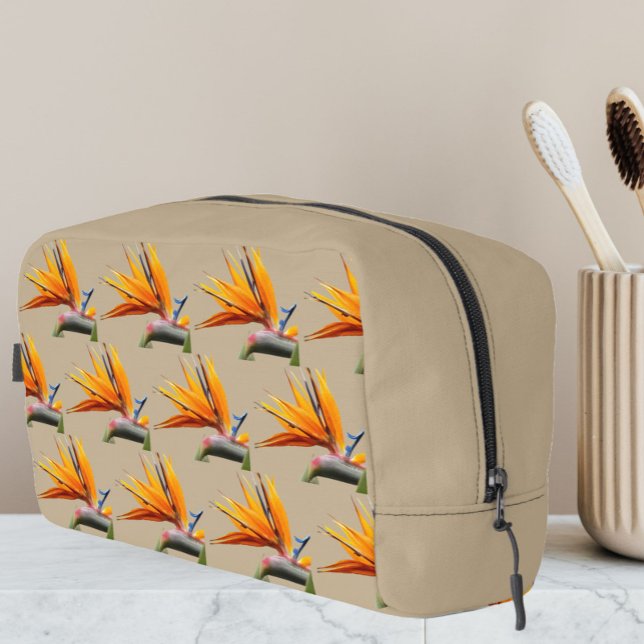 Orange Bird of Paradise Plant Pattern on Khaki Dopp Kit (In Situ)