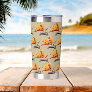 Orange Bird of Paradise Plant Pattern on Khaki Insulated Tumbler