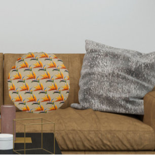 Orange Bird of Paradise Plant Pattern on Khaki Round Cushion