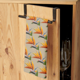 Orange Bird of Paradise Plant Pattern on Khaki Tea Towel