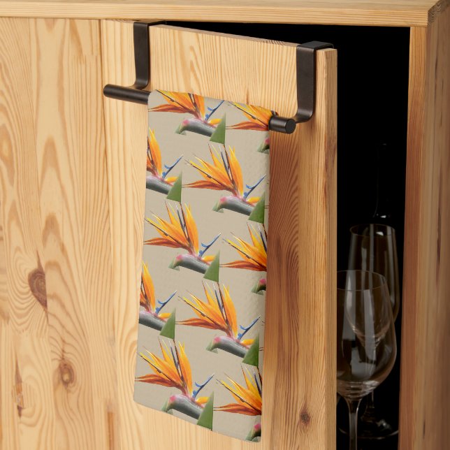 Orange Bird of Paradise Plant Pattern on Khaki Tea Towel (Thirds Fold)