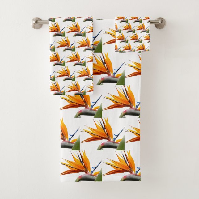 Orange Bird of Paradise Plant Pattern on White Bath Towel Set (Insitu)