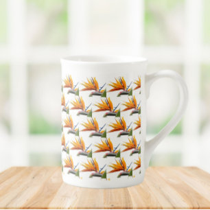 Orange Bird of Paradise Plant Pattern on White Bone China Mug