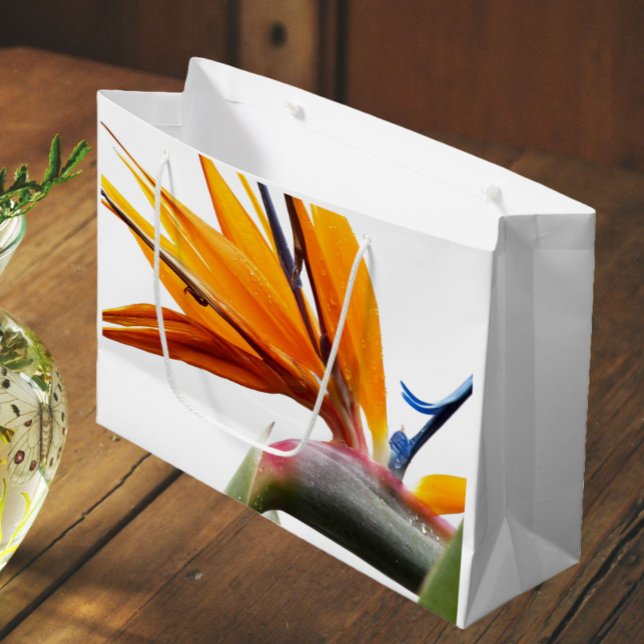 Orange Bird of Paradise Plant Pattern on White Large Gift Bag (In Situ)
