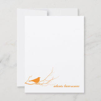 Orange bird on branch ecru thank you note card