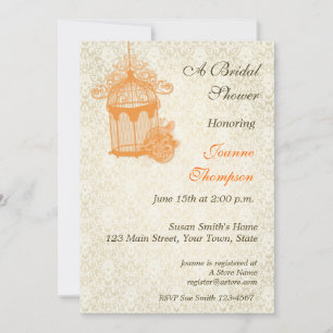 Orange Birdcage, Ivory Damask Invitation