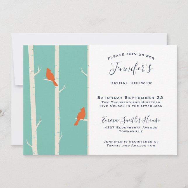 Orange Birds on Birch Tree Bridal Shower Invitation (Front)